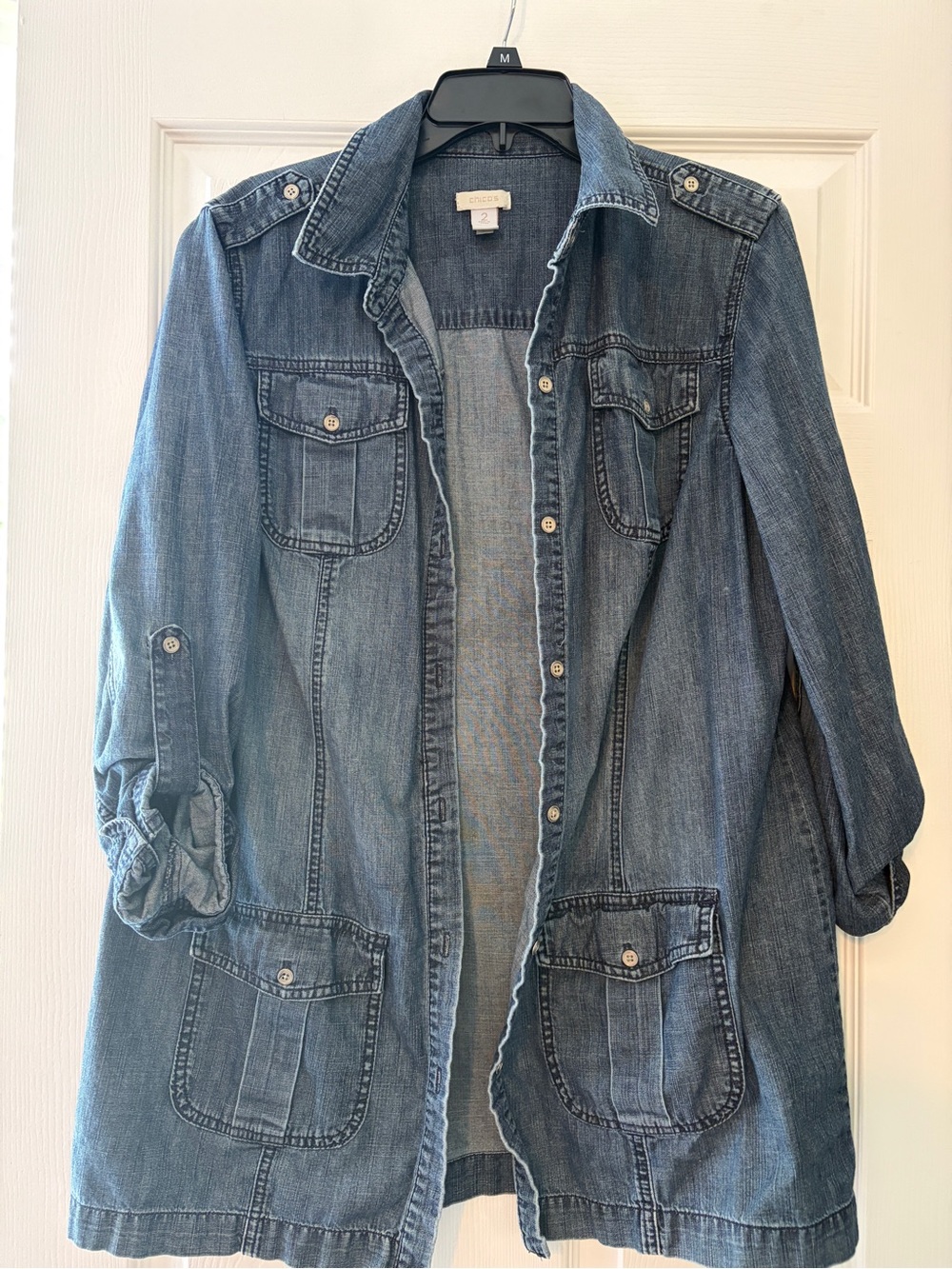 Chico's Long Blue Denim Shacket with Patch Pockets
